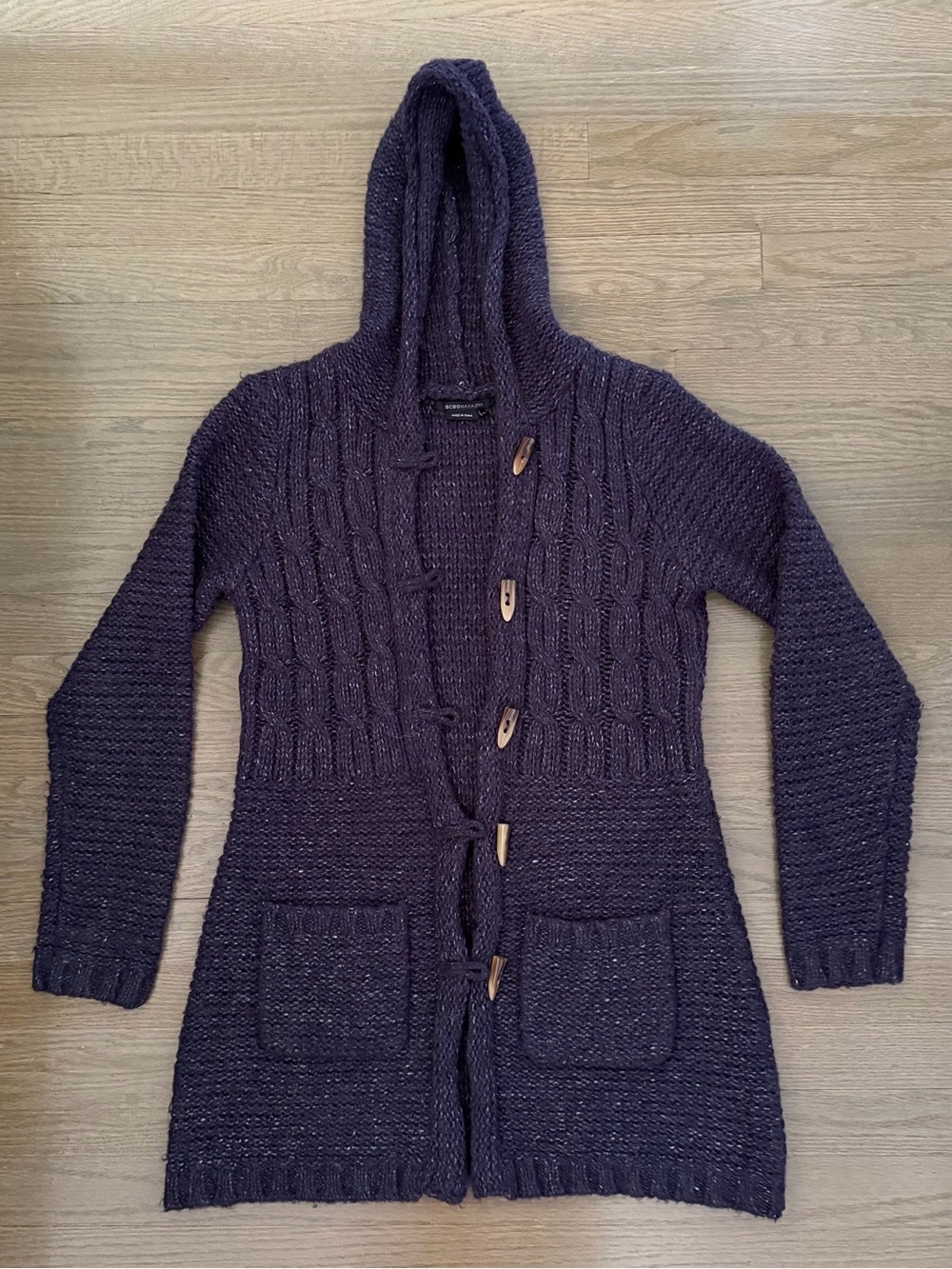 BCBGMAXAZRIA Hooded Cable Knit Long Cardigan Sweater - Dark Purple
